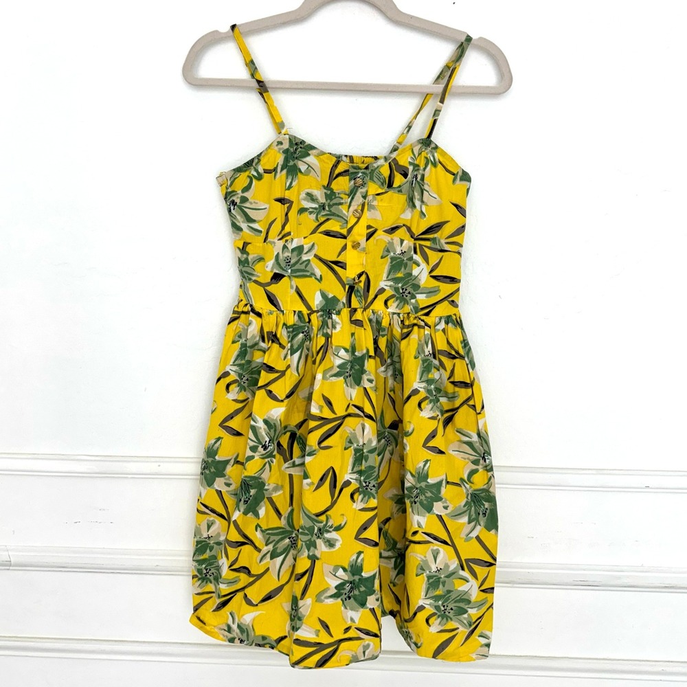 Bar III Womens Yellow Green Floral Lily Cotton Mini Sun Dress Smocked Back Med